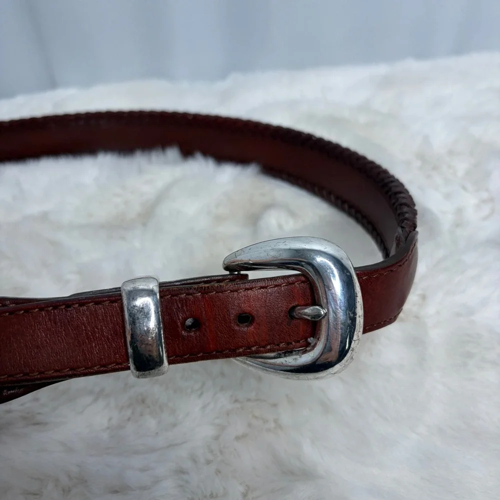 Brighton Mens 38 Braided Leather Striped Fabric Belt Brown Silver Buckle 67506